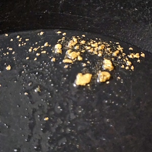 May include: A close-up of a black surface with small, scattered pieces of gold. The gold pieces are irregularly shaped and appear to be in a liquid.