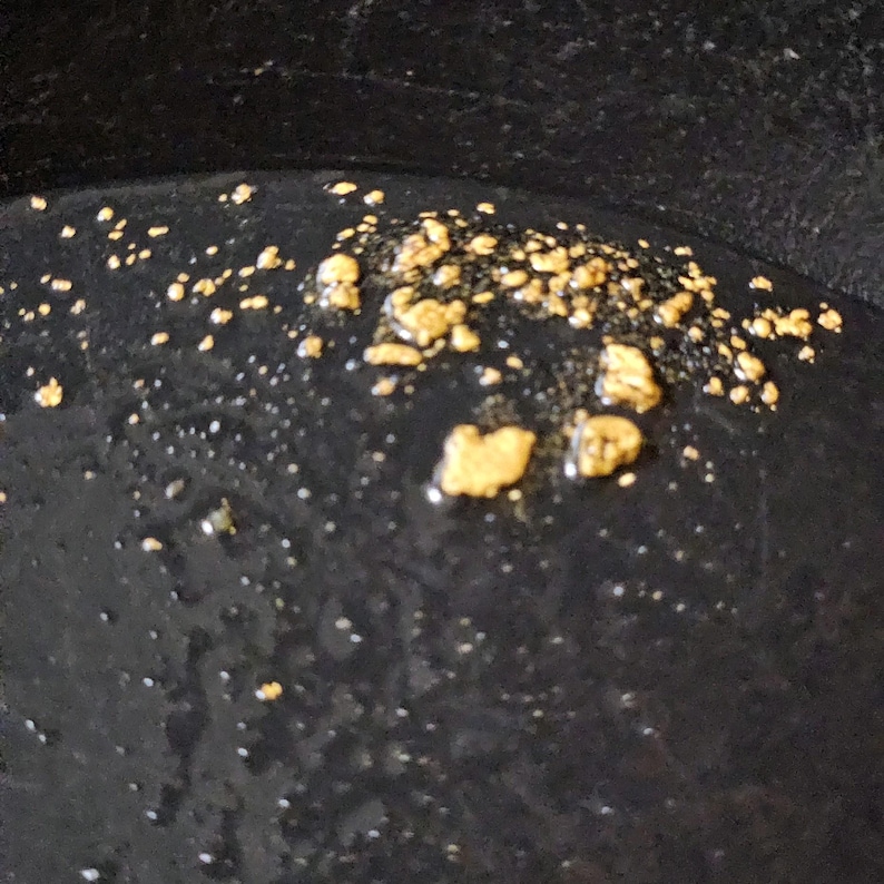 May include: A close-up of a black surface with small, scattered pieces of gold. The gold pieces are irregularly shaped and appear to be in a liquid.