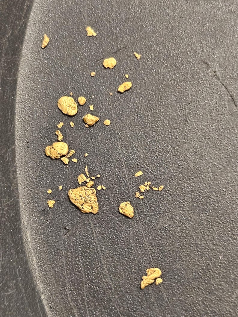 May include: A close-up of a black pan with small, irregular pieces of gold scattered across the surface.