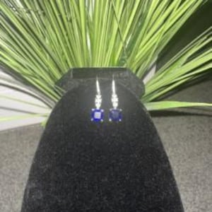 Stunning Sterling Silver Asscher Cut Cubic Zirconia, blue square cut gemstone Dangle Earrings
