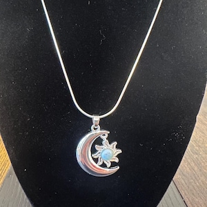 Blue Opal Moon and Star Pendant Necklace in Sterling Silver, Silver or Gold, Aurora Star Necklace, Lab Opal Starburst, Moon and Sun