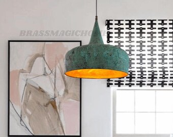 Oxidized Copper Patina Pendant Light: Moroccan Green Patina Dome Lamp- Farmhouse Kitchen Island Ceiling Lamp