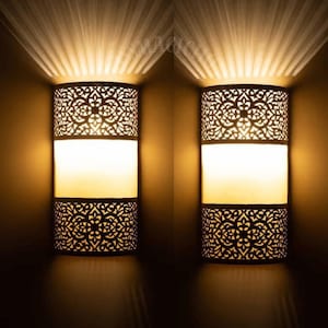 Set van 2: handgemaakte Marokkaanse koperen wandkandelaars – geometrische sfeerverlichting