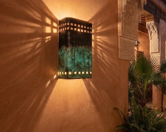 Patina Brass Wall Sconce, Perforated Square Cutout Light, Copper Wall Sconce with Turquoise Patina – Elegant Ambient Wall Lighting