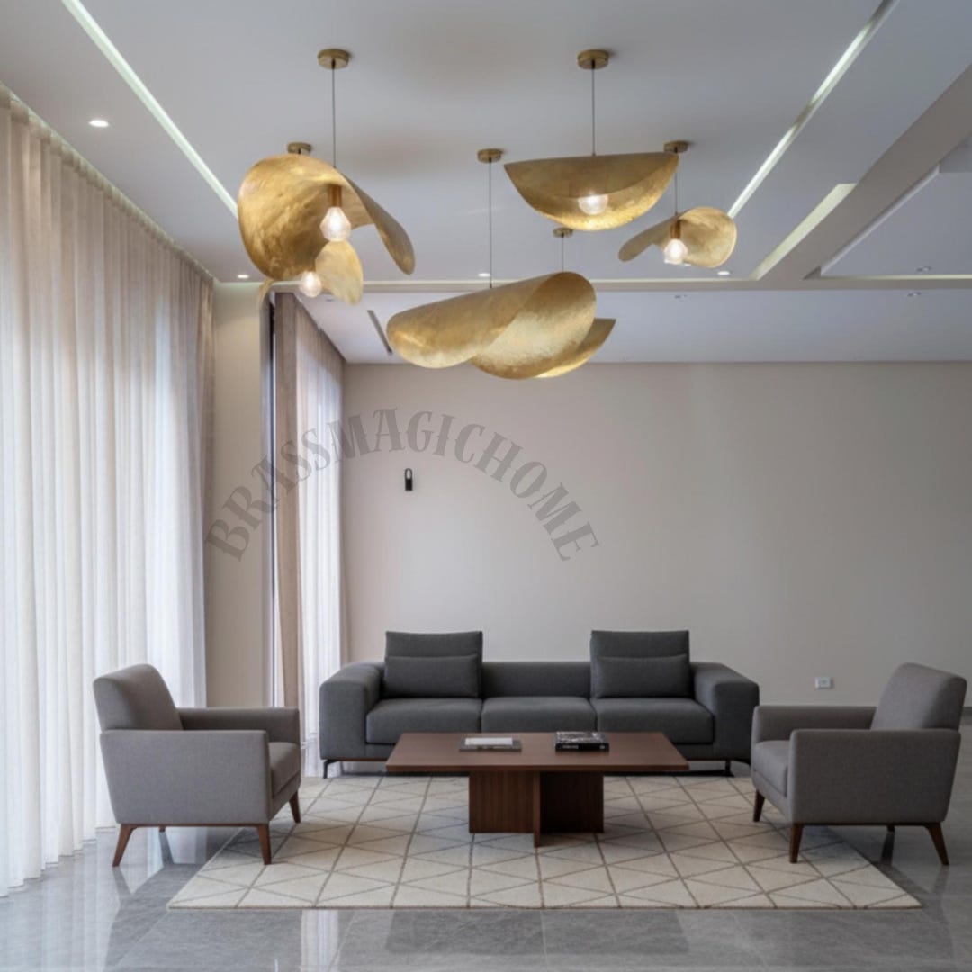 Curved Hammered Brass Ceiling Lamp – Handmade Brass Leaf Pendant Light ...