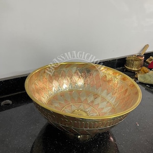Unlaquered Solid Brass With Resin Bathroom Sink, Vanity Vessel Sink Brass Vessel Bathroom Vanity Sink,  Handcrafted Hammered Round Sink