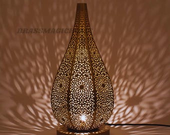 Handmade Moroccan Brass Table Lamp, Lantern Shade, Soft Light