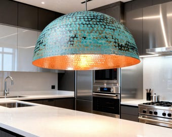Patina Brass Turquoise Pendant Lights – Hanging brass lamp-Handcrafted Oxidized Dome Fixtures for Kitchen Islands