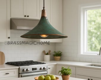 Oxidized Copper Cone Pendant Light – Green Patina Farmhouse Hanging Kitchen Island Lamp for Decoration