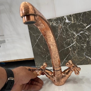 Unlacquered Brass Bathroom Faucet: Embossed Cross Handles, Vanity Sink Mixer