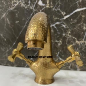 Single-Hole Unlacquered Brass Bathroom Sink Vanity Faucet with Double Simple Cross Handles