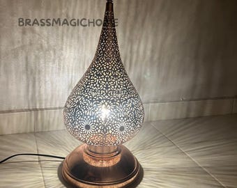 Handmade Moroccan Brass Table Lamp, Boho Artisanal Bedside Light, Lantern Shade