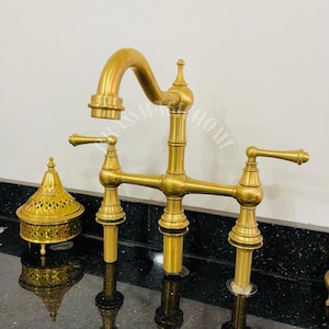 Unlacquered Brass Bridge Bathroom Faucet, Three-Hole Vanity Lavatory Faucet,Moroccan Brass Bathroom Faucet