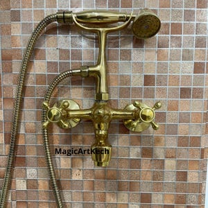 Vintage Messing Duschsystem: Wand-Armatur mit Handbrause
