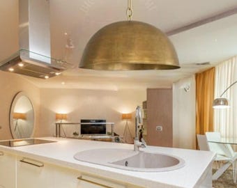 Aged Brass Dome Pendant Light, Rustic Handmade Kitchen Island Lighting, Vintage Patina Ceiling Lamp
