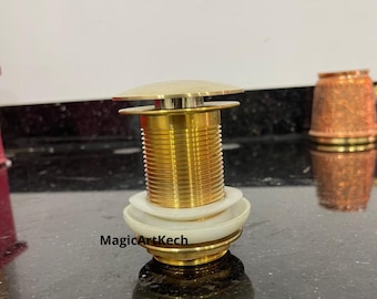 Handcrafted Unlacquered Brass Sink Drain with Overflow, Pop-Up Stopper