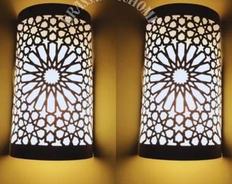 Moroccan Brass Wall Sconce, Handmade Geometric Light