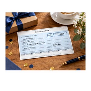 以下が含まれることがあります： Geburtstagsscheck、Max Mustermann、Einhundert Euro、zum 18. Geburtstag für eine Reise、Berlin, den 01.01.2020、100,00、および署名Schneiderが黒インクで印刷された、水色の長方形のギフトチェック用紙です。