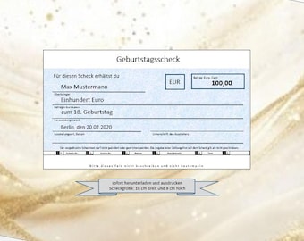 Gutschein Geburtstag - personalisierter Gutschein - Geburtstagsscheck - Scheckvorlage - Druckbarer Scheck - Bankscheck