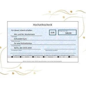 Scheck - Geschenk Hochzeit - Gutschein Hochzeit - Scheckvorlage - Druckbarer Scheck - Bankschenk - Gutschein - personalisierbar