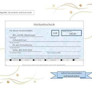 Scheck - Geschenk Hochzeit - Gutschein Hochzeit - Scheckvorlage - Druckbarer Scheck - Bankschenk - Gutschein - personalisierbar
