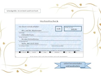 Cheque - Huwelijkscadeau - Huwelijksvoucher - Chequesjabloon - Afdrukbare cheque - Bankcadeau - Voucher - Personaliseerbaar