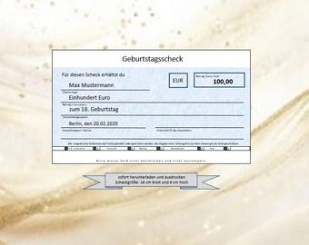 Gutschein Geburtstag - personalisierter Gutschein - Geburtstagsscheck - Scheckvorlage - Druckbarer Scheck - Bankscheck