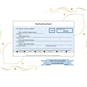 Scheck - Geschenk Hochzeit - Gutschein Hochzeit - Scheckvorlage - Druckbarer Scheck - Bankschenk - Gutschein - personalisierbar