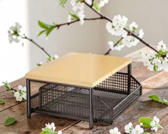 Minimalist Sticky Note Holder, Black Metal Desk Organizer, Wood Top Tray