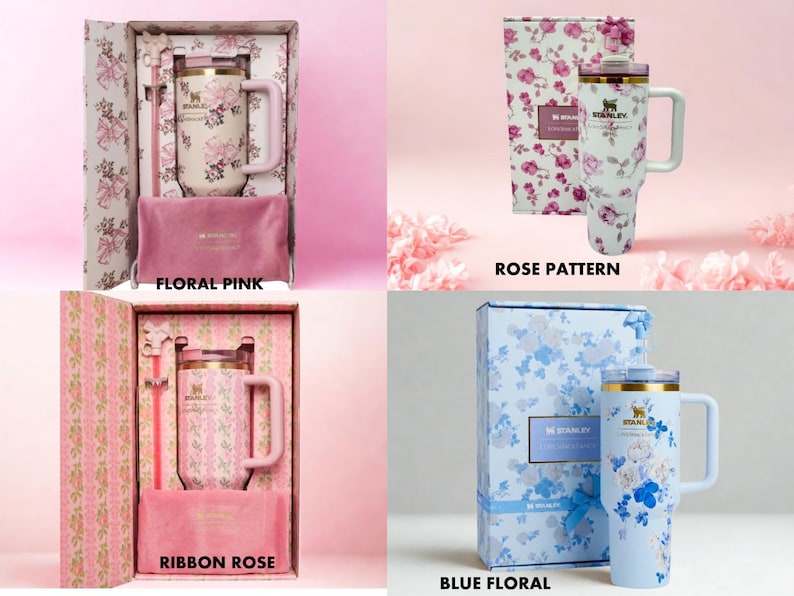 Puede incluir: Una colecci&oacute;n de tazas y vasos Stanley con motivos florales, presentados en cajas de regalo. Las tazas y vasos presentan dise&ntilde;os florales rosas, azules y blancos. Cada juego incluye una taza o vaso, una pajita y una bolsa de terciopelo rosa. Las cajas llevan las etiquetas "Floral Pink", "Rose Pattern", "Ribbon Rose" y "Blue Floral".