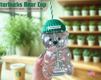 Starbucks Bear Glass Cup with Beanie Lid & Straw | Viral Tumbler (In Stock USA)