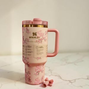 Puede incluir: Un termo de viaje Stanley rosa con asa, decorado con un estampado floral de lazos y rosas rosas. La taza tiene tapa y asa rosas. El logotipo de Stanley se muestra en la parte delantera. Altura aproximada: 23 cm.