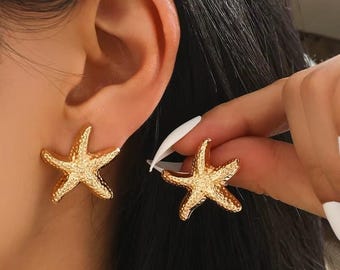 Gold Starfish Stud Earrings | Textured Coastal Beach Jewelry, Ocean Inspired Accessories