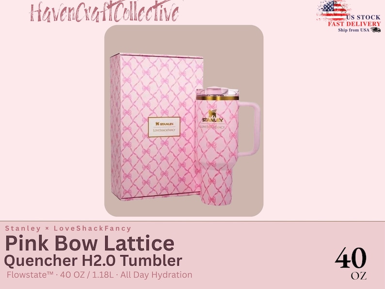 May include: A 40 oz Stanley x LoveShackFancy Quencher H2.0 tumbler and its matching box, both featuring a pink bow lattice pattern. The tumbler has a gold-tone rim, a handle, and a clear lid. The Stanley logo is printed on the front of the cup.
