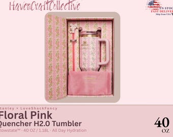 Stanley LoveShackFancy Quencher H2.0 Tumbler | 40oz Floral Pink Bows Lattice