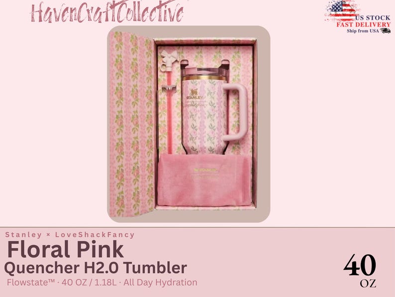 May include: A Stanley x LoveShackFancy 40 oz Flowstate H2.0 tumbler in a floral pink pattern, presented in a matching gift box. The set includes a pink straw with a bow-shaped topper and a soft pink fabric pouch, all featuring a coordinated floral design.