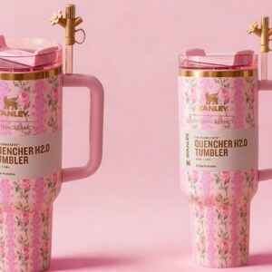Może przedstawiać: Dwa r&oacute;żowe kubki Stanley Quencher H2.0 w kwiaty z uchwytami i złotymi akcentami. Kubki mają kwiatowy wz&oacute;r i widoczny jest napis "Stanley Loveshackfancy Quencher H2.0 Tumbler". Każdy kubek ma dekoracyjny, złoty dodatek w kształcie kwiatu.