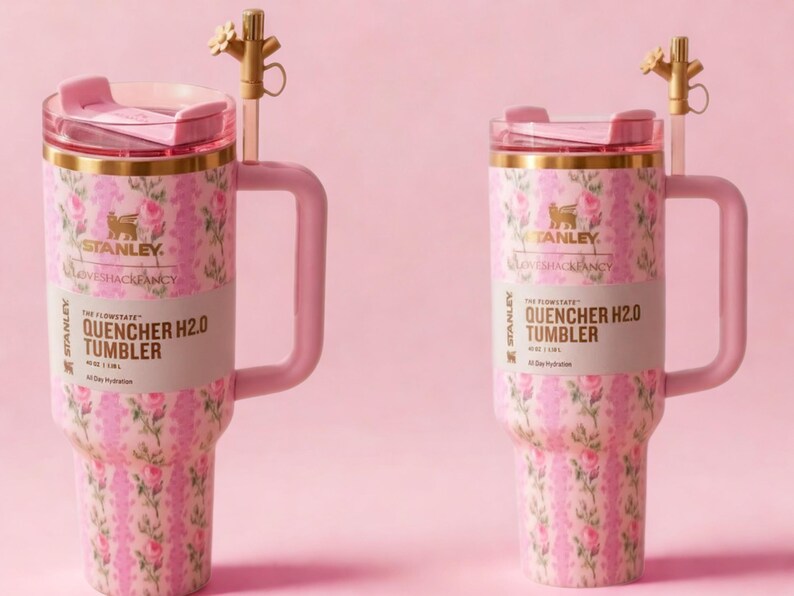 Może przedstawiać: Dwa r&oacute;żowe kubki Stanley Quencher H2.0 w kwiaty z uchwytami i złotymi akcentami. Kubki mają kwiatowy wz&oacute;r i widoczny jest napis "Stanley Loveshackfancy Quencher H2.0 Tumbler". Każdy kubek ma dekoracyjny, złoty dodatek w kształcie kwiatu.