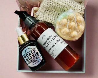 Bio-Haarschmuck, Talg-Shampoo-Bars, Talg- und Arganöl-Conditioner, Hyaluron-Kopfhautelixier