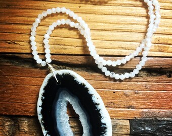 Slice of Life: agate; White; black; Oval; Crystalline; Druzy; Geode slice; Necklace; Gemstone; Bead necklace; moonstones