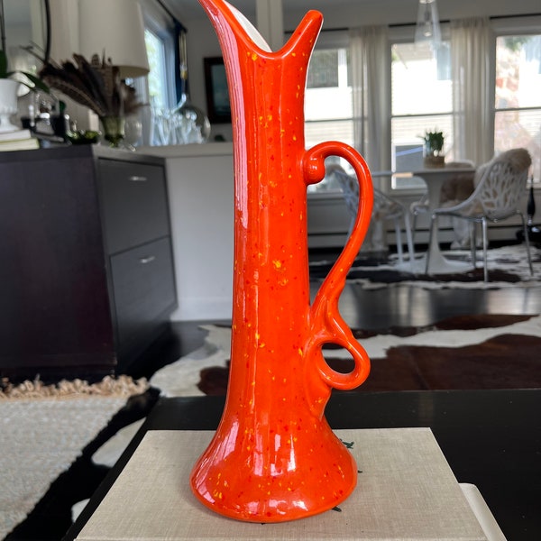 Vintage | Orange + Yellow Ceramic Speckled Ewer Pitcher | Art | Home Decor | Pottery | Mid Century Art | Home Decor | Vase