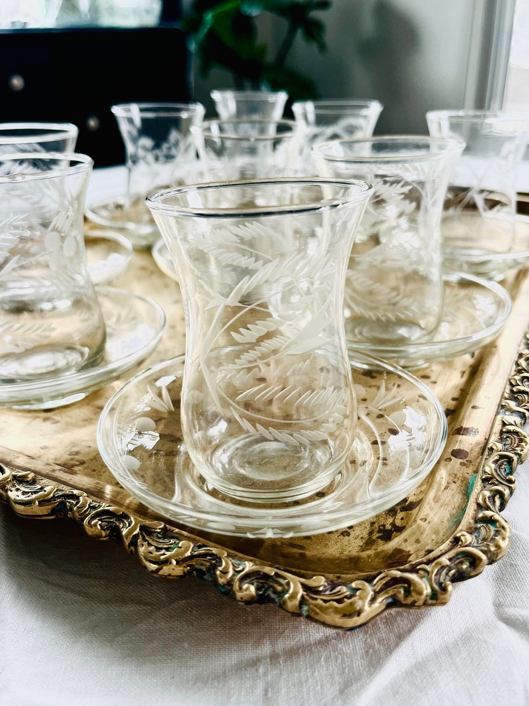 Vintage Turkish Tea Set 20 Piece Etched Crystal Teacups Etsy