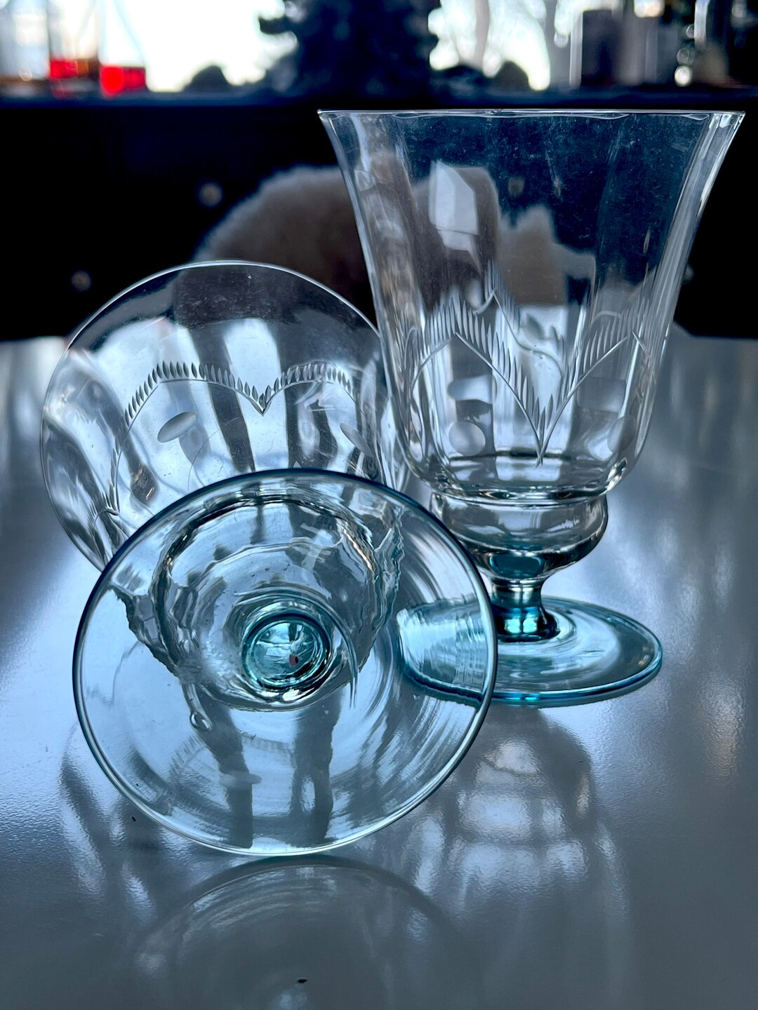 Vintage Crystal Water Goblets Etched Parfait Glasses Cocktail Glasses