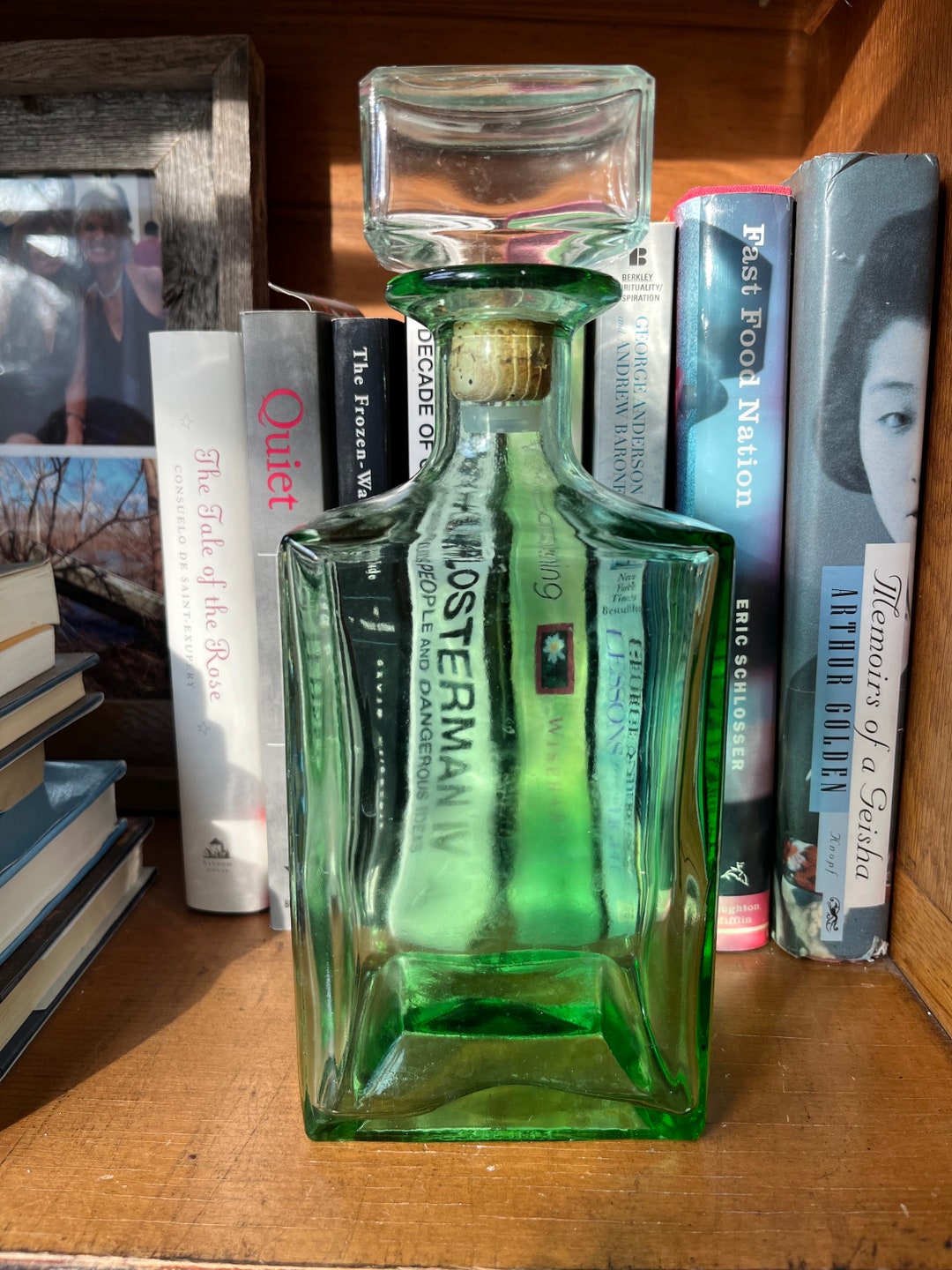 Vintage Green Glass Liquor Bottle / Decanter With Hollow Glass Etsy