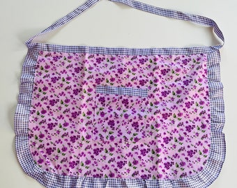 Vintage | Apron | Purple Violets + Plaid Trim | Front Pocket | Back Tie