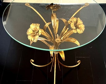 Vintage | Italian Gold Gilt Metal Flower Side Table | Hollywood Regency | Mid Century | Art Deco | Made in Italy | Furniture | Home Deco