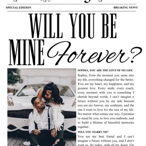 結婚してくれますか？婚約プロポーズ、Canva 新聞テンプレート、印刷可能な花束ラッピングまたは挿入物、編集可能なデジタルカード