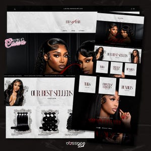 May include: Website design featuring the "Luxe Hair" brand, showcasing images of women with various hairstyles. The site includes sections for wigs, frontals, bundles, and a "Shop Now" button. The overall design is dark with white text.