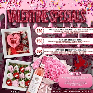 Ulotka Canva Valentine Treats Szablon Czekoladki Truskawki Cennik Walentynek Specjalne oferty Szablon ulotki DIY Luty Specjalne oferty Ulotka