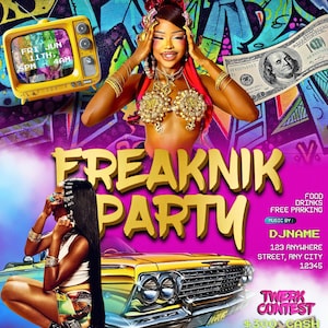 Freaknik Party Flyer, Freaknik Party einladen, Club Party Flyer, Nachtklub Flyer, Pool Mansion Party, Sommerfest Flyer, Canva Editierbar